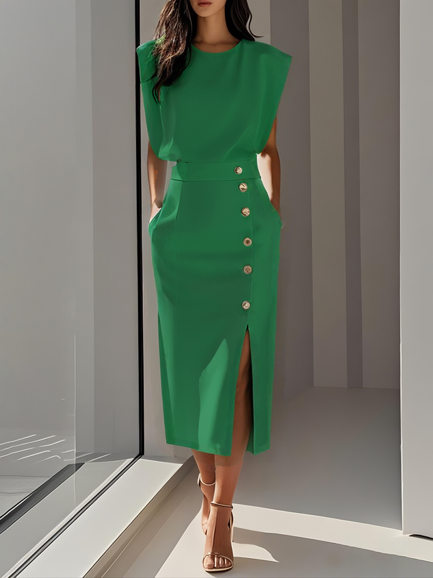 Round Neck Sleeveless Button Slit Sheath Midi Dress
