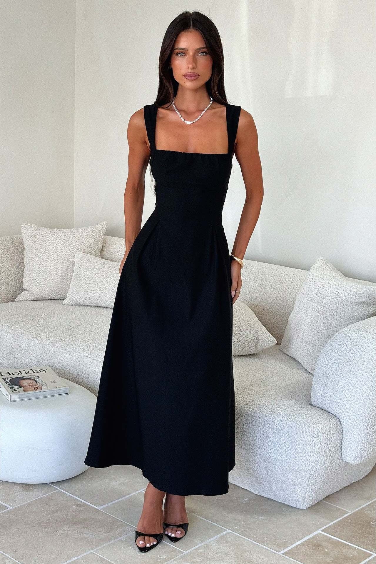 Square Neck Gathered Bust Wide Strap Pleated Pocket Midi Dress 4