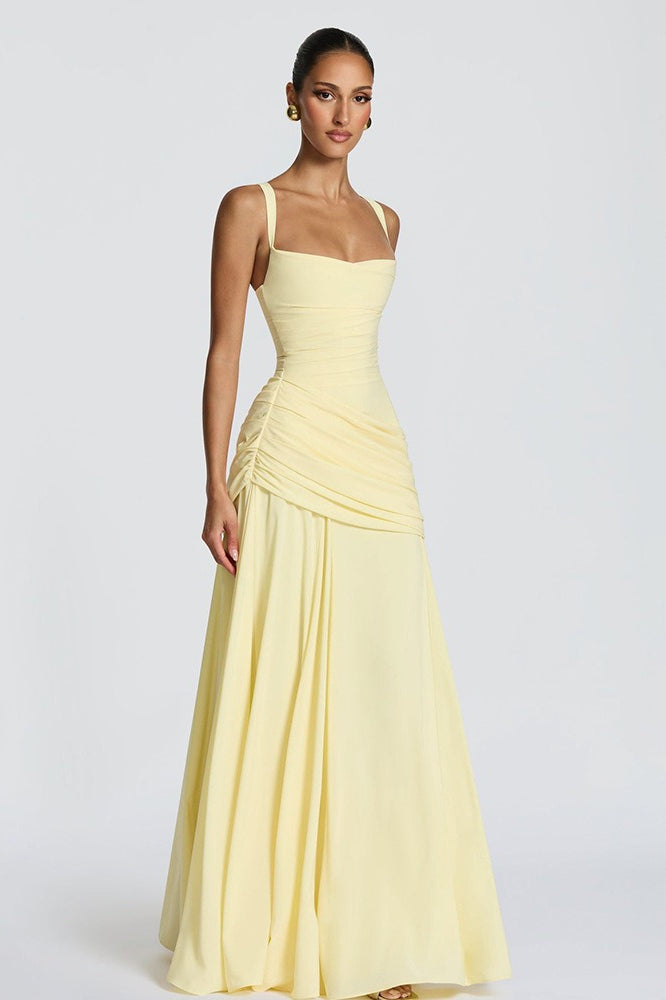Solid Plunge Ruched Waist Backless Slip Dress
