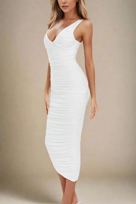 Adele Bodycon Wrap Midi Dress - White Pearl