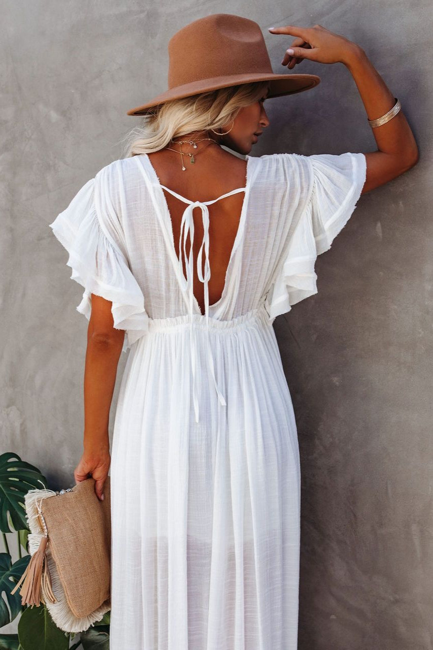 Deep V Neck Ruffle Sleeve Drawstring Waist Button Front Pocket Maxi Dress 5