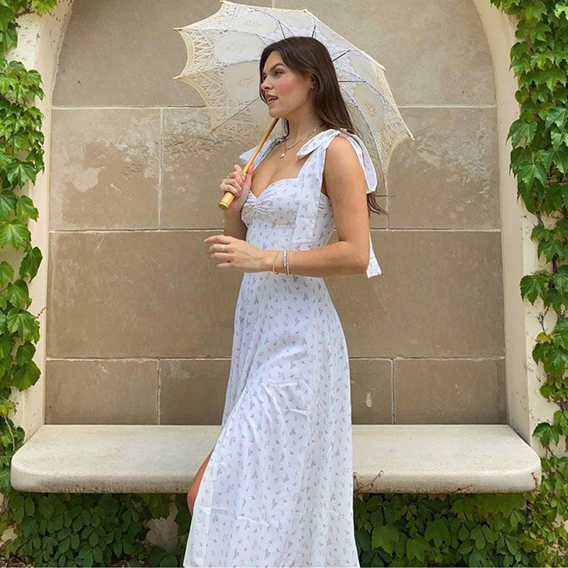 White Floral Tie Strap Sweetheart Ruched High Slit A-Line Midi Dress