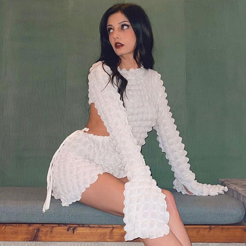 White Crew Neck Popcorn Texture Cutout Long Sleeve Bodycon Mini Dress