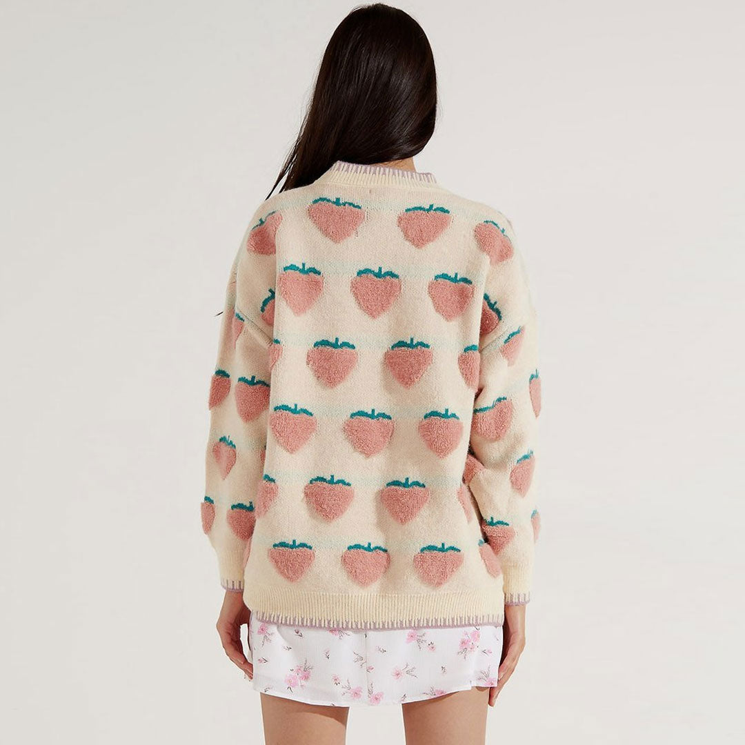 Pink Strawberry Pattern Crew Neck Oversized Knit Pullover Sweater