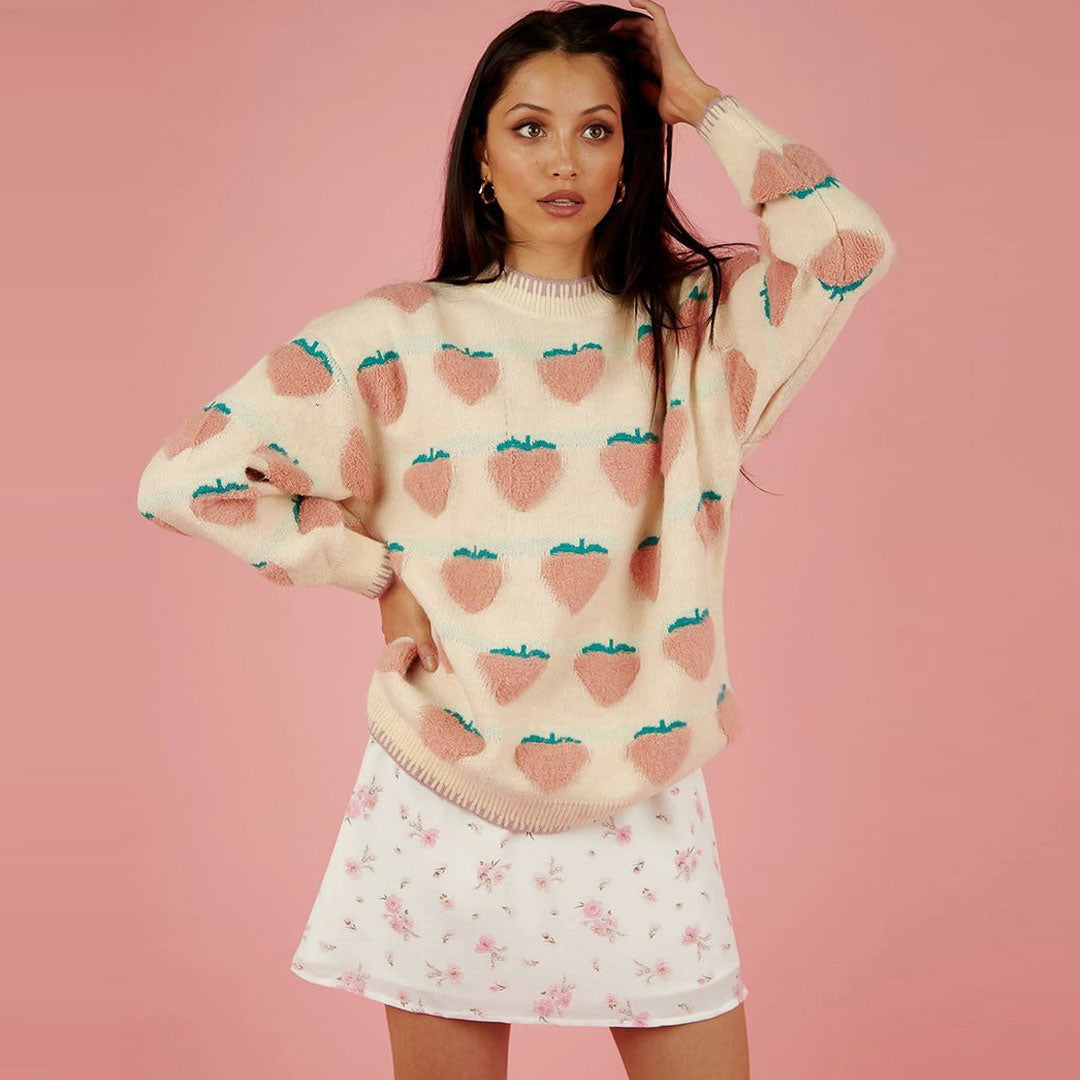 Pink Strawberry Pattern Crew Neck Oversized Knit Pullover Sweater