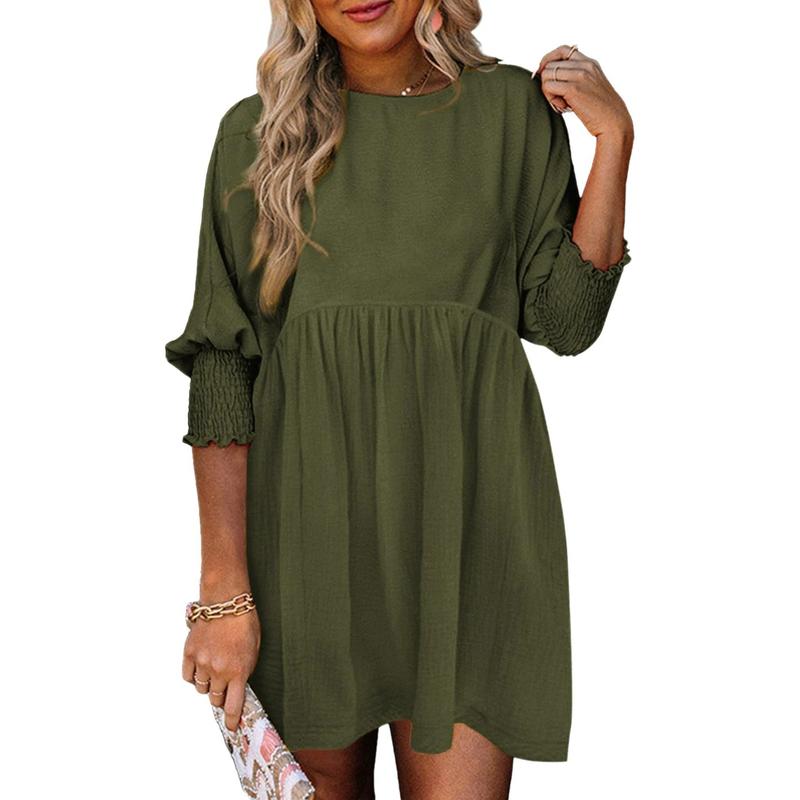 Round Neck Textured Smocked Cuff Sleeve Babydoll Mini Dress