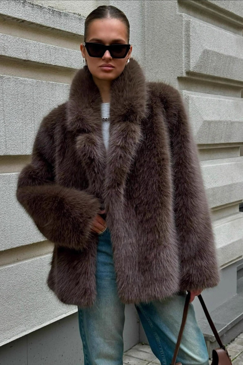 Brown Faux Fox Fur Wide Collar Mid-Length Fluffy Coat