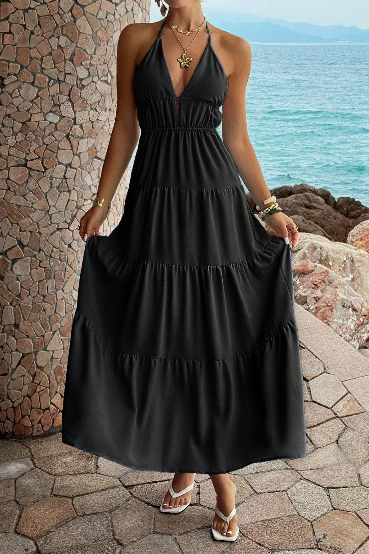 Deep V Neck Halter Smocked Waist Tiered Maxi Dress 7