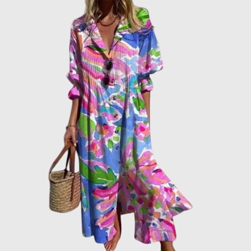 V-Neck Long Sleeve Abstract Floral Tiered A-Line Maxi Dress