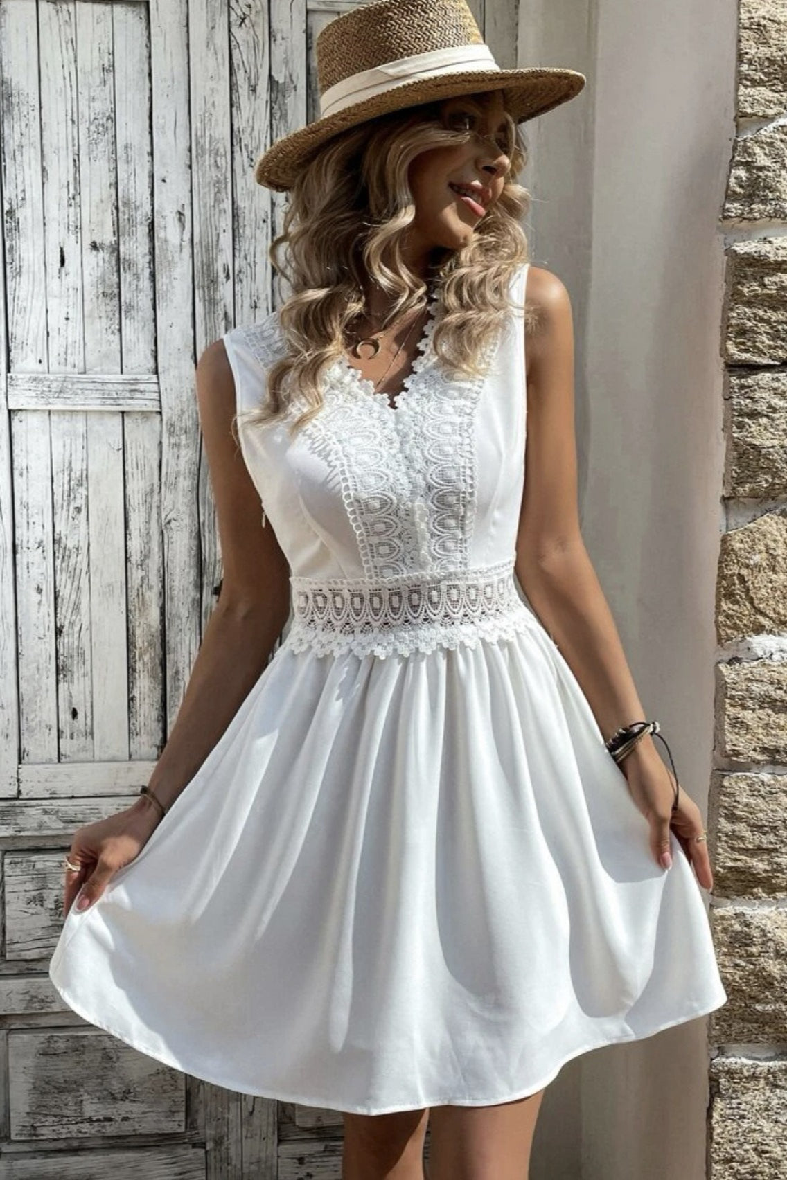 Deep V Neck Lace Trim Waistband Gathered A-Line Mini Dress