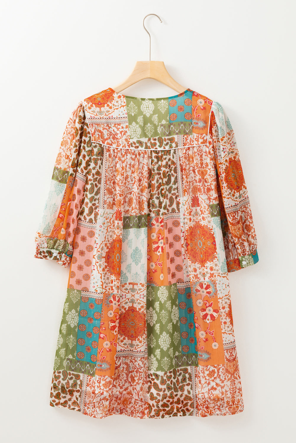 Orange Boho Paisley Mixed Print 3 4 Sleeve Chiffon Loose Dress