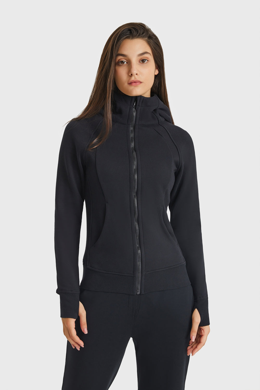 Zip Up Hooded Long Sleeve Thumbhole Fitted Sports Jacket