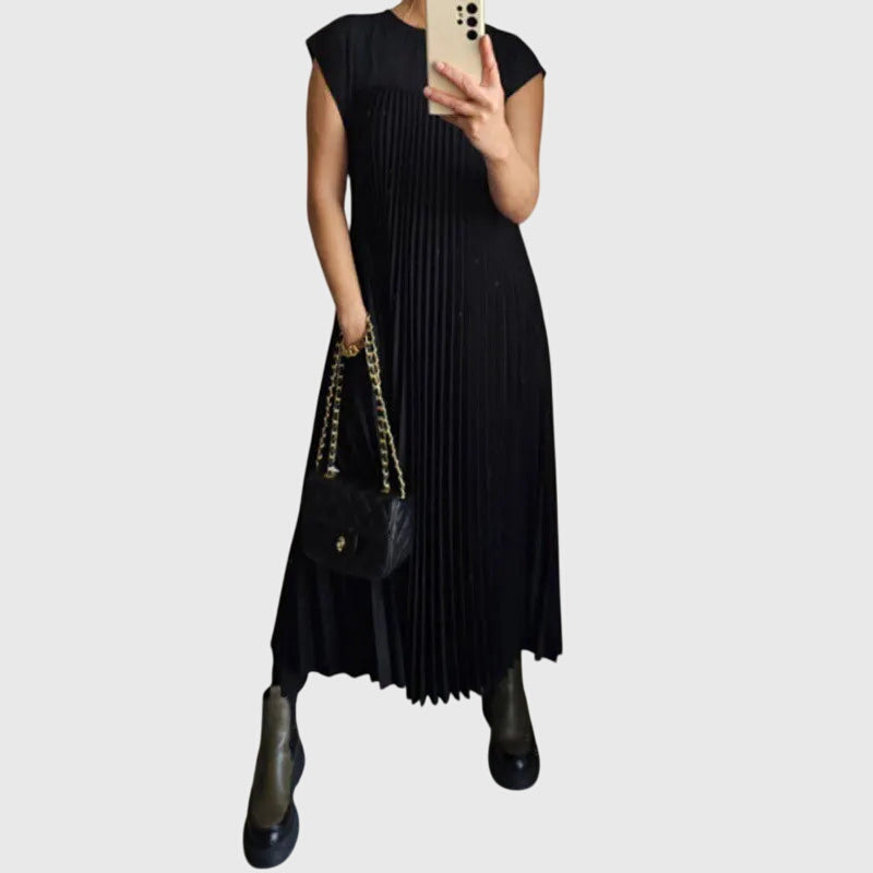 Round Neck Cap Sleeve Pleated A-Line Maxi Dress