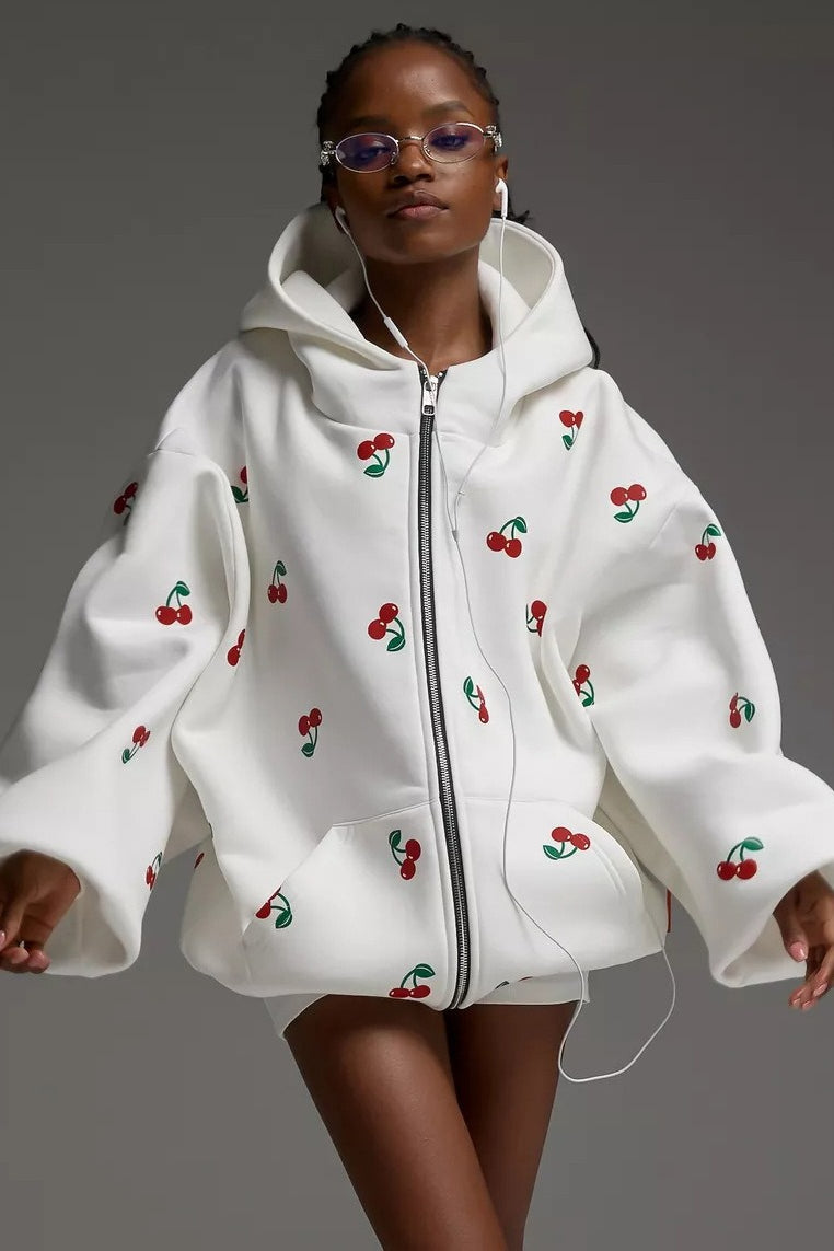 Cherry Print Loose Street Fashion Hoodie
