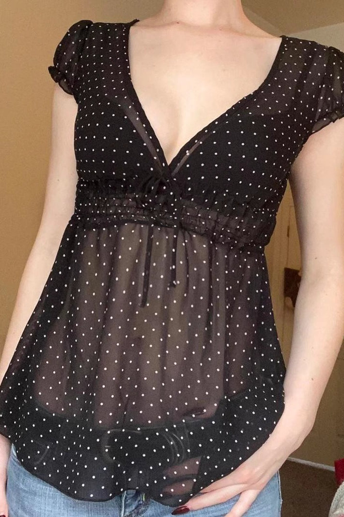 Polka Dot Sheer VNeck Slim Fit Crop Top