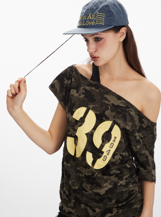 Camouflage Off-Shoulder Short-Sleeved