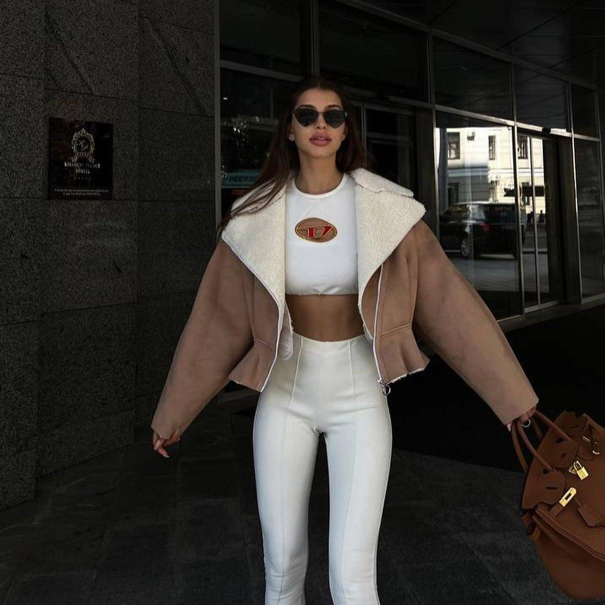 Shearling Lapel Zip Front Peplum Faux Leather Jacket