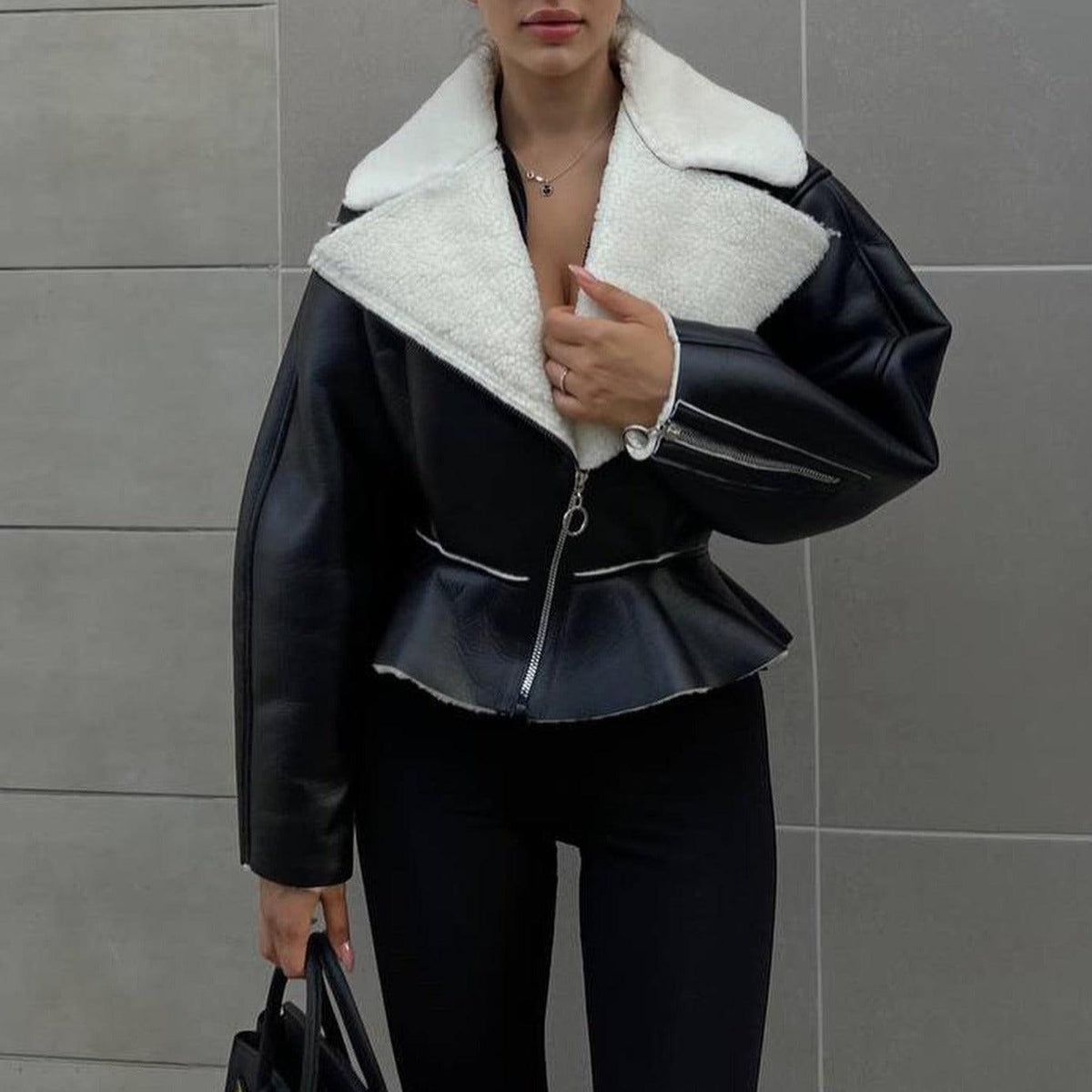 Shearling Lapel Zip Front Peplum Faux Leather Jacket