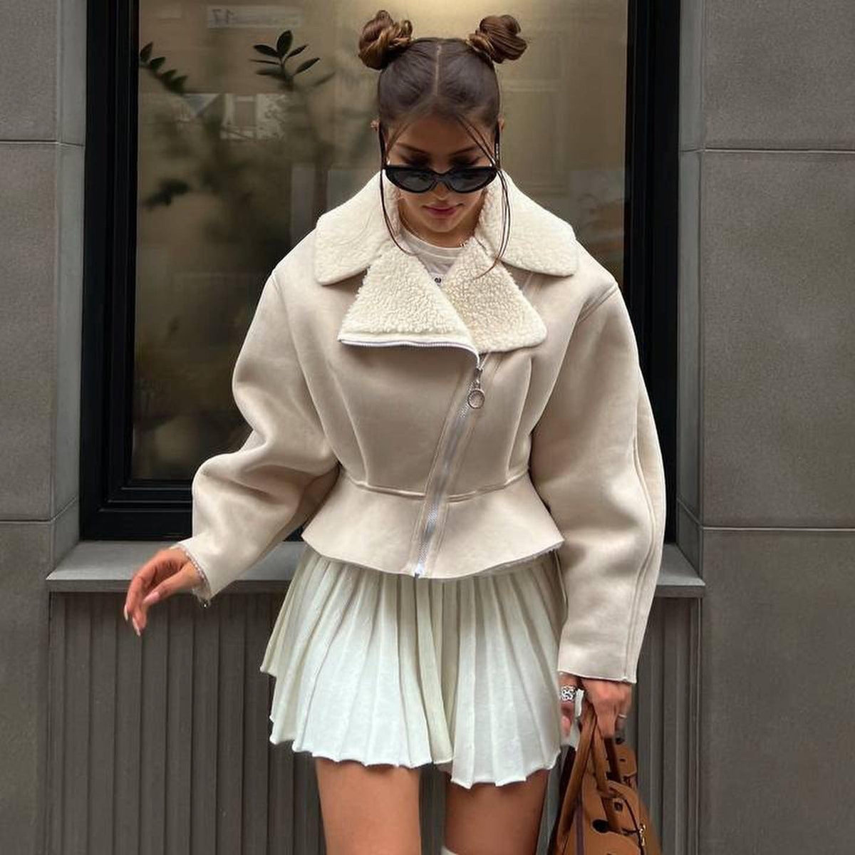 Shearling Lapel Zip Front Peplum Faux Leather Jacket