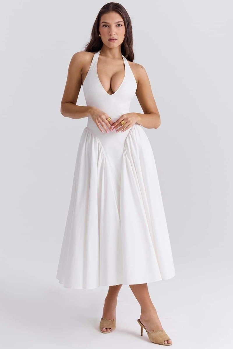 Eva Statement Neck Midi Dress with Open Back Premium Wardrobe Essential