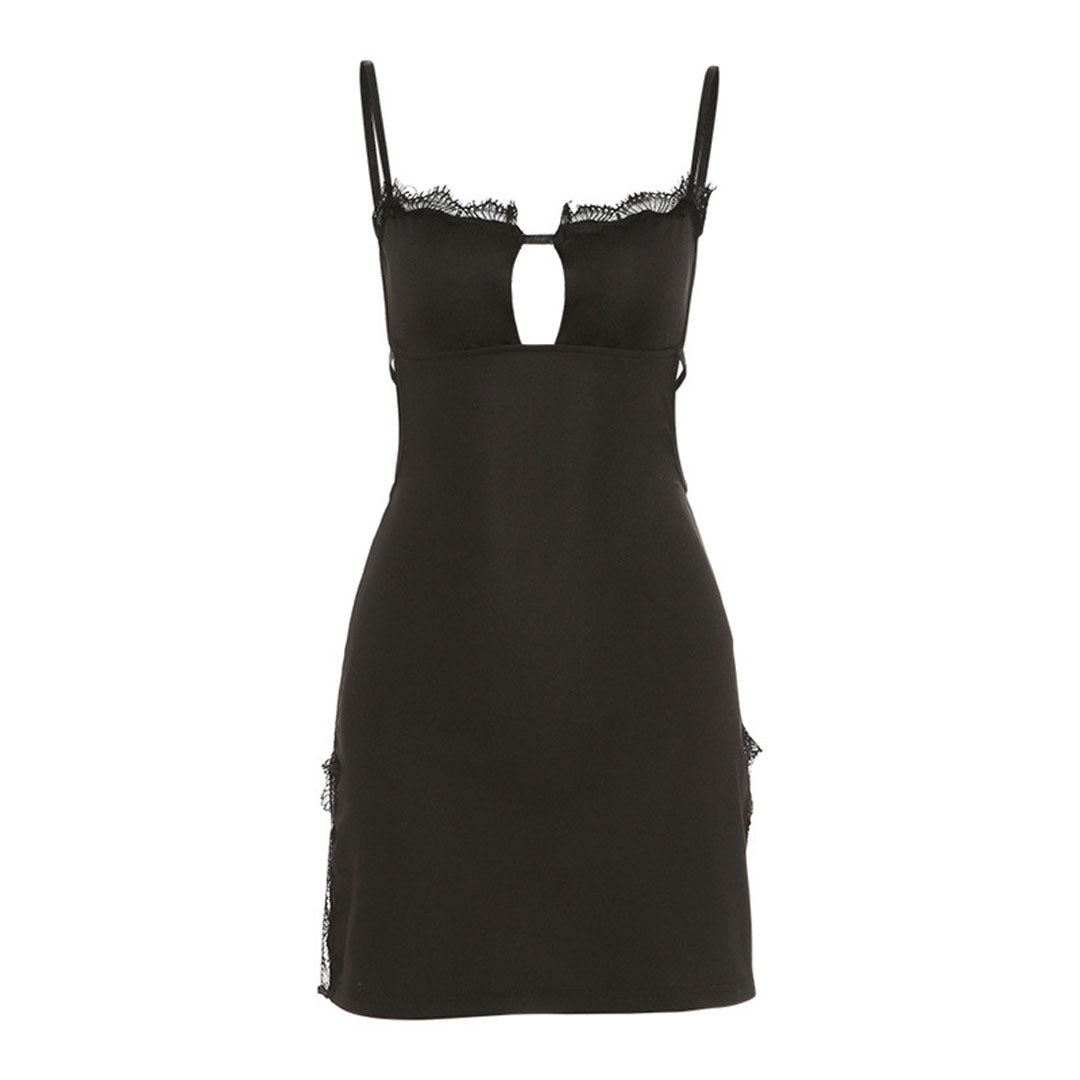 Black Eyelash Lace Trim Strappy Backless Slit Slip Mini Dress