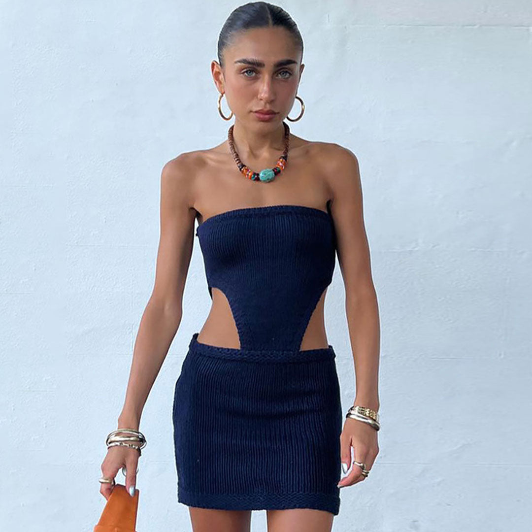 Navy Blue Strapless Ribbed Knit Side Cutout Bodycon Mini Dress