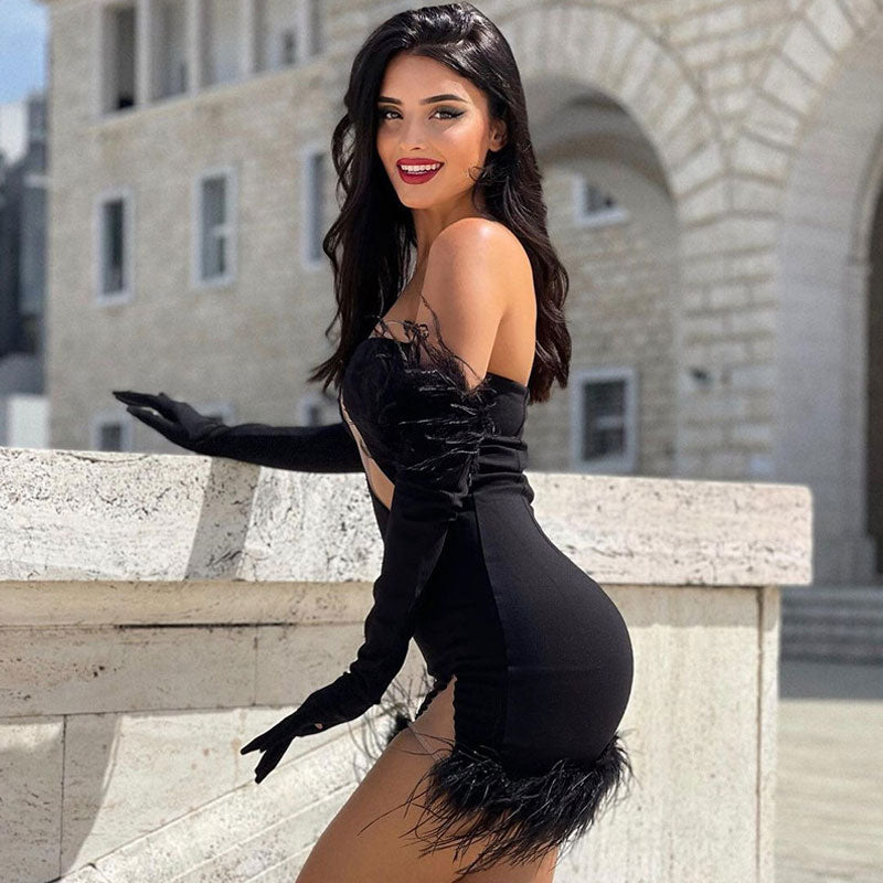 Black Strapless Feather Trim Glove Illusion Bodycon Mini Dress