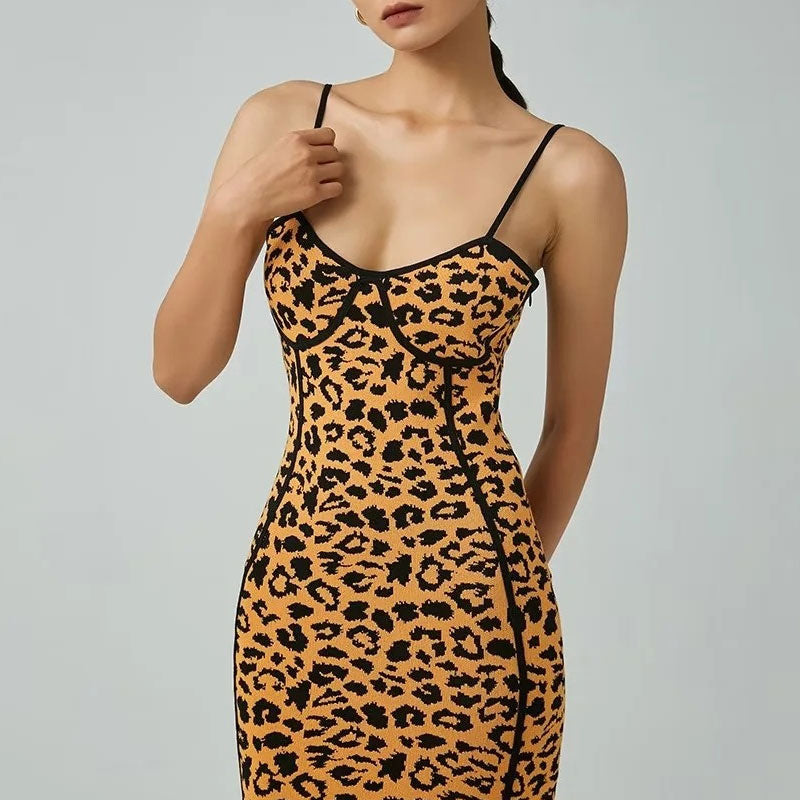 Leopard Spaghetti Strap Leopard Knit Bodycon Midi Dress
