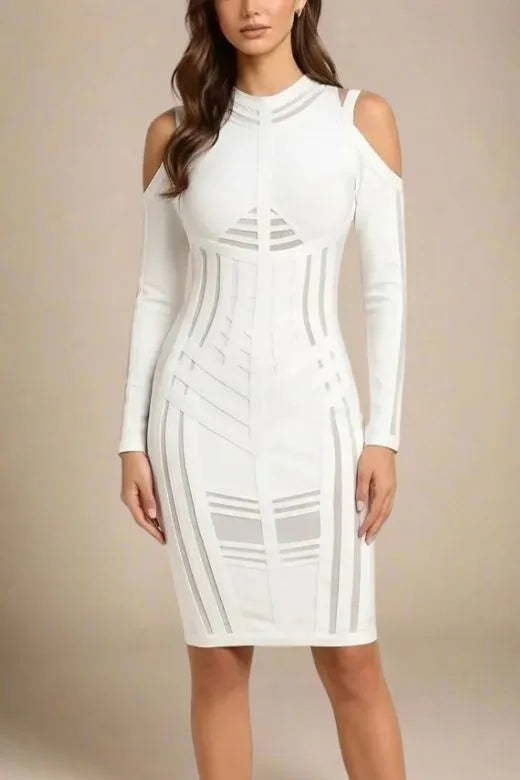Amelia Long Sleeve Bandage Dress - White Pearl (Sale)
