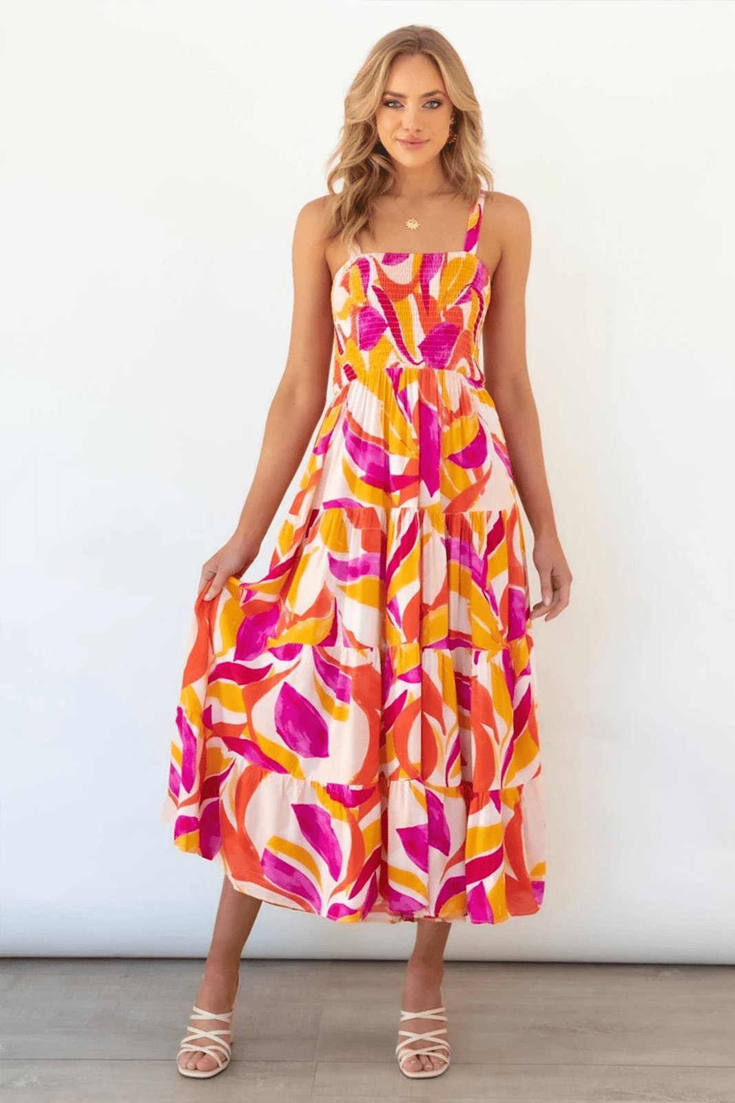 Tatiana Minimalist Printed Tiered Maxi Summer Dress with Ruched Bodice Evening Wear Edit