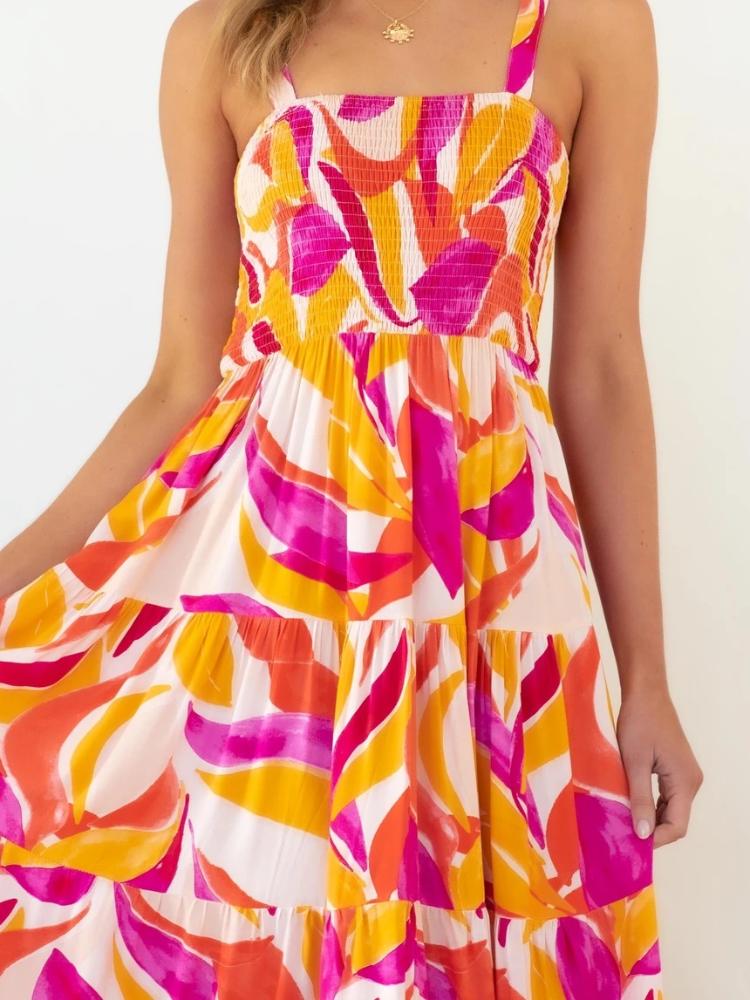 Tatiana Minimalist Printed Tiered Maxi Summer Dress with Ruched Bodice Evening Wear Edit