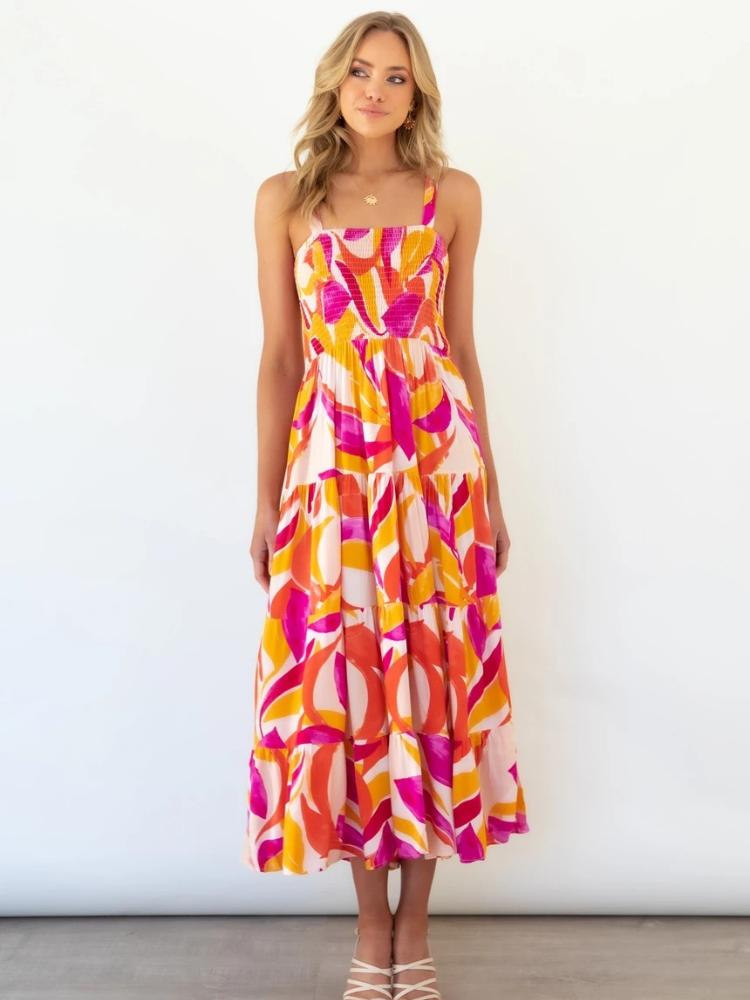 Nina Boutique Printed Tiered Maxi Summer Dress with Ruched Bodice Designer Edit