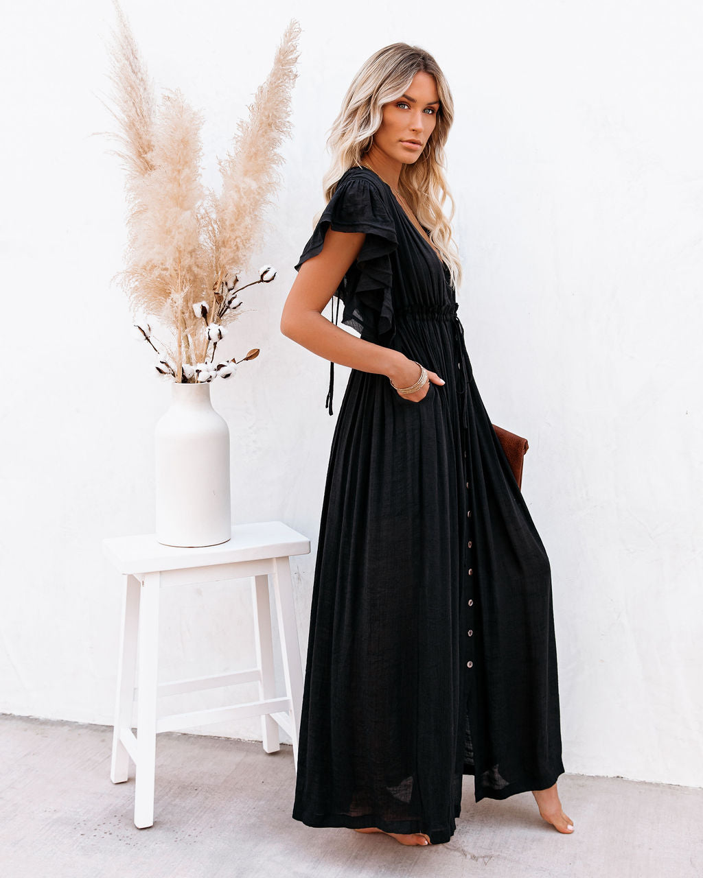 Anika Pocketed Button Down Ruffle Maxi Dress Black