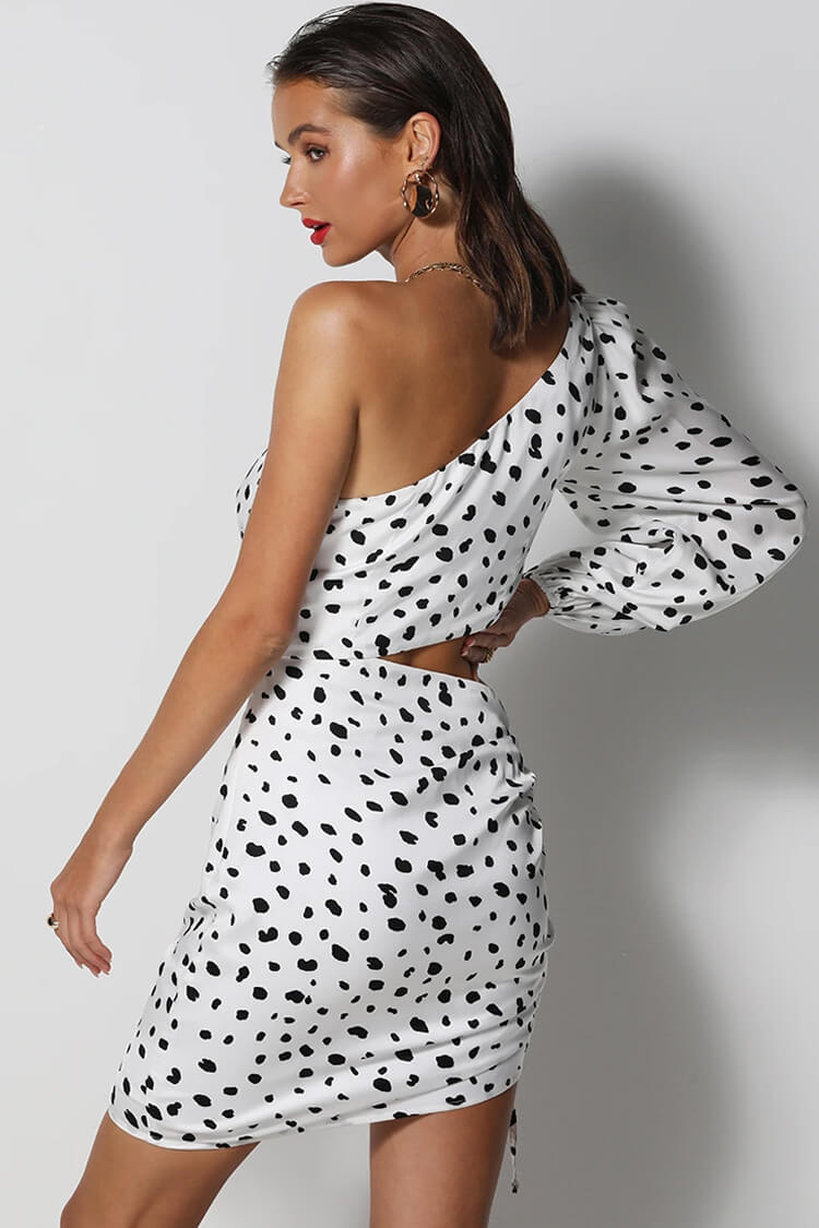 White One Shoulder Long Sleeve Dalmatian Print Cutout Ruched Bodycon Mini Dress