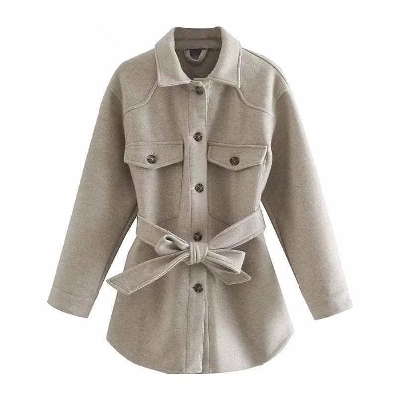 Beige Collared Button Front Patch Pocket Belted Wool Shirt Coat