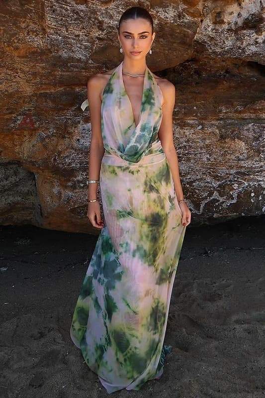 Petra Minimalist Printed Halterneck Maxi Dress Premium Wardrobe Essential