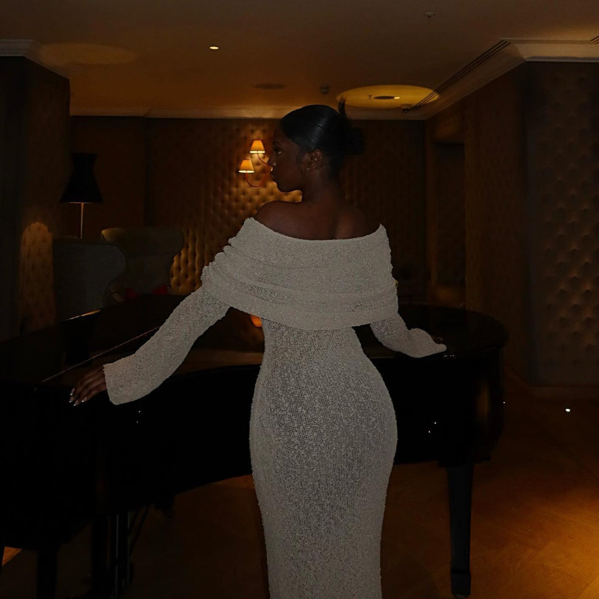 Off-Shoulder Long Sleeve Sheer Knit Bodycon Maxi Dress 7