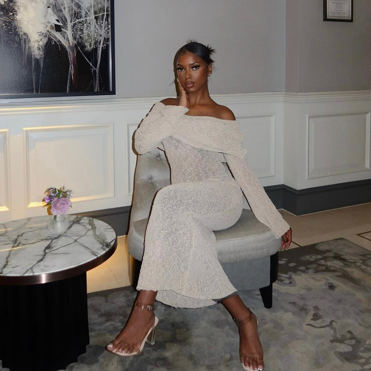 Off-Shoulder Long Sleeve Sheer Knit Bodycon Maxi Dress 5