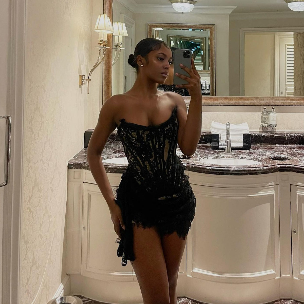 Strapless Sweetheart Lace Corset Draped Bodycon Mini Dress