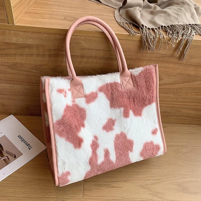 Leopard Faux Fur Leather Trim Tote Bag