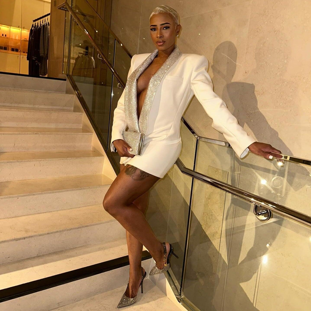 Beige Plunge Neck Crystal Lapel Long Sleeve Blazer Mini Dress