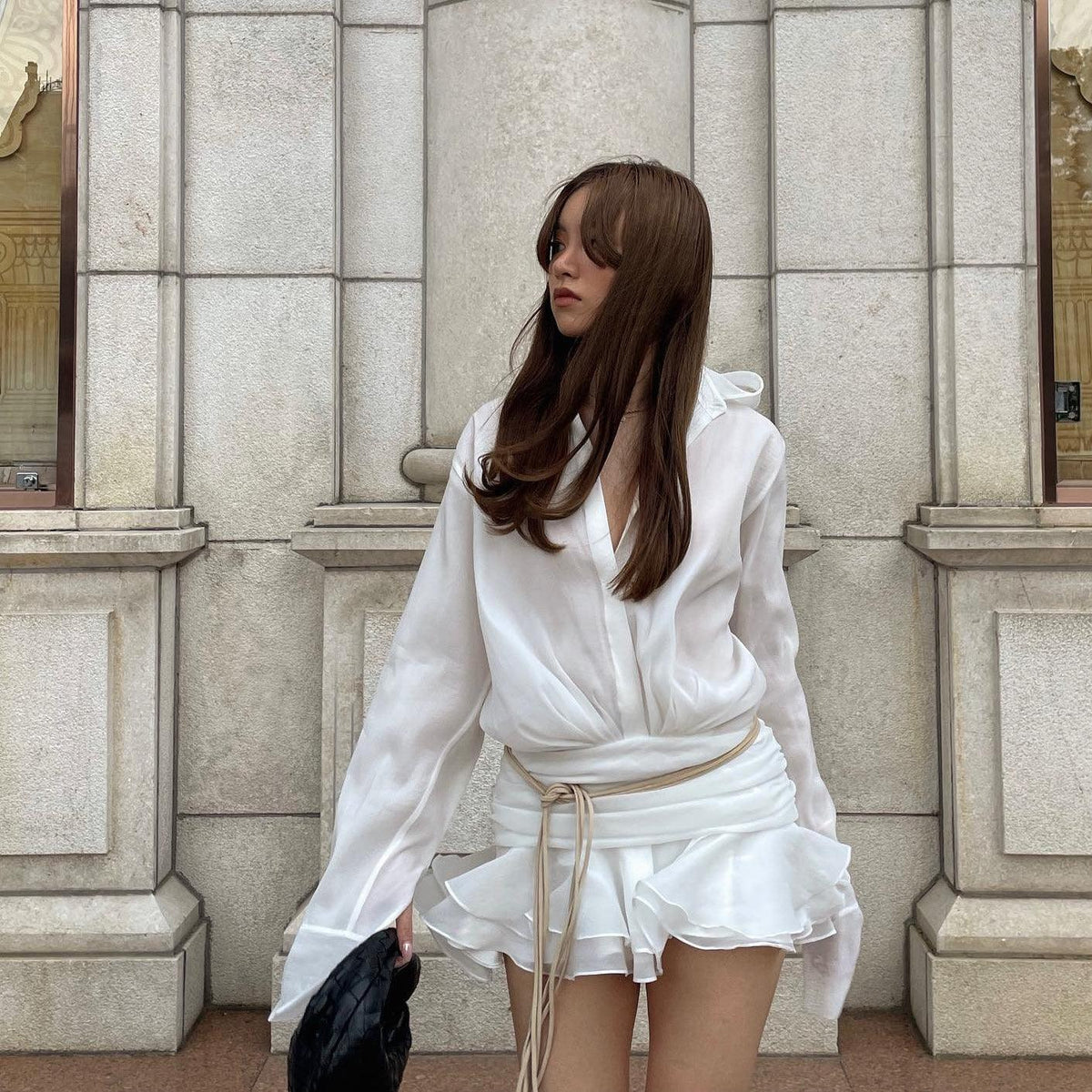 White Collared Deep V-Neck Long Sleeve Belted Ruffle Shirt Mini Dress 13