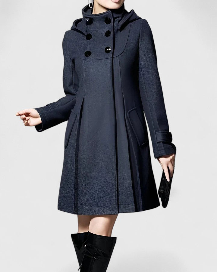Hooded Double-Breasted Button Wool Pocket Swing Coat