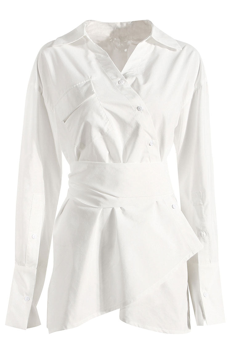 White Collared Long Sleeve Button Up Belted Asymmetric Shirt Mini Dress