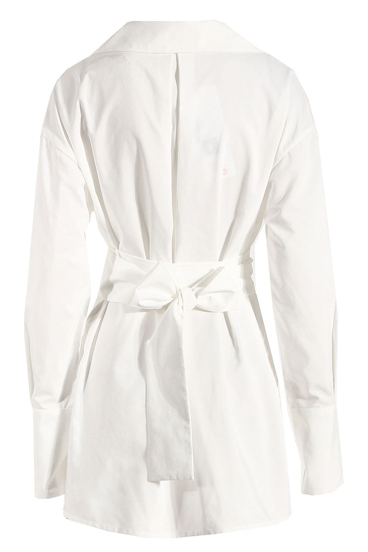 White Collared Long Sleeve Button Up Belted Asymmetric Shirt Mini Dress