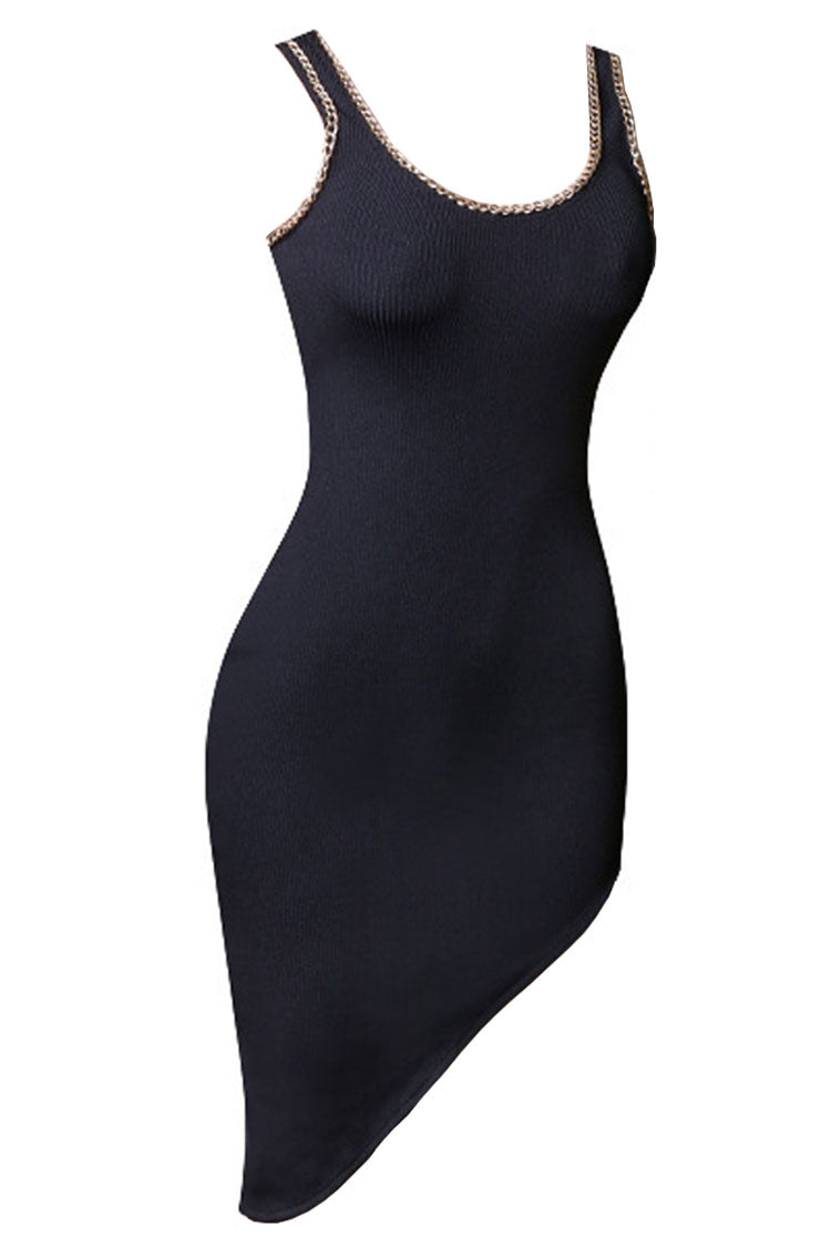Black Square Neck Chain Strap Ribbed Knit Bodycon Mini Dress