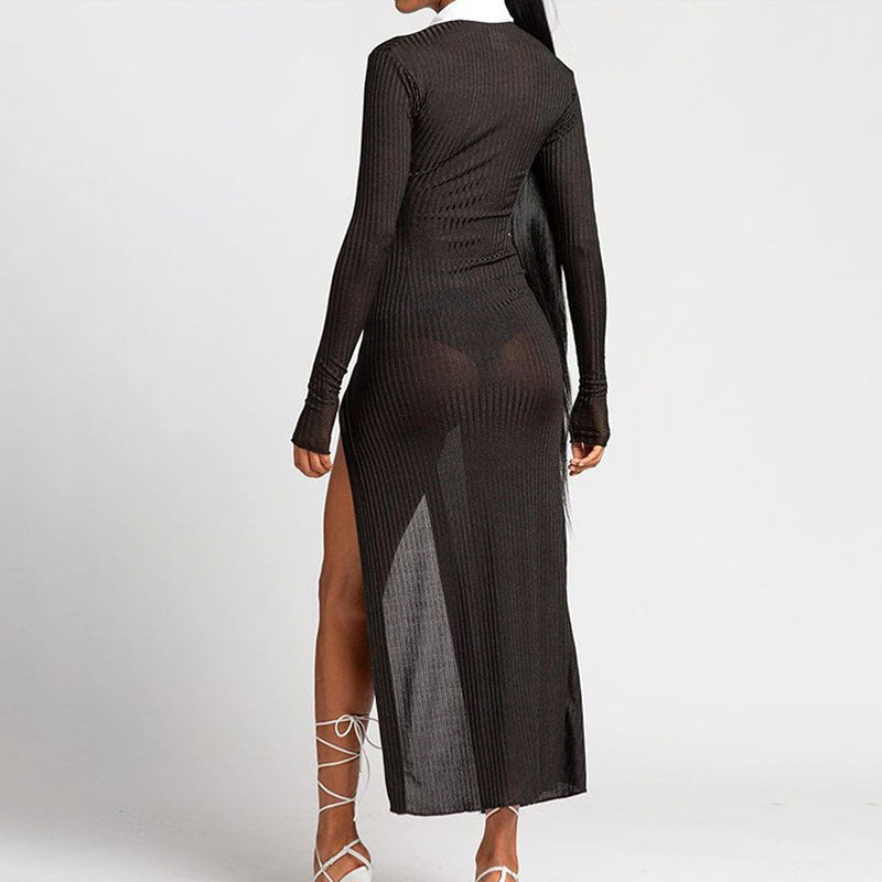 Black Contrast Collar Button Up Sheer Ribbed Long Sleeve High Slit Maxi Dress 2