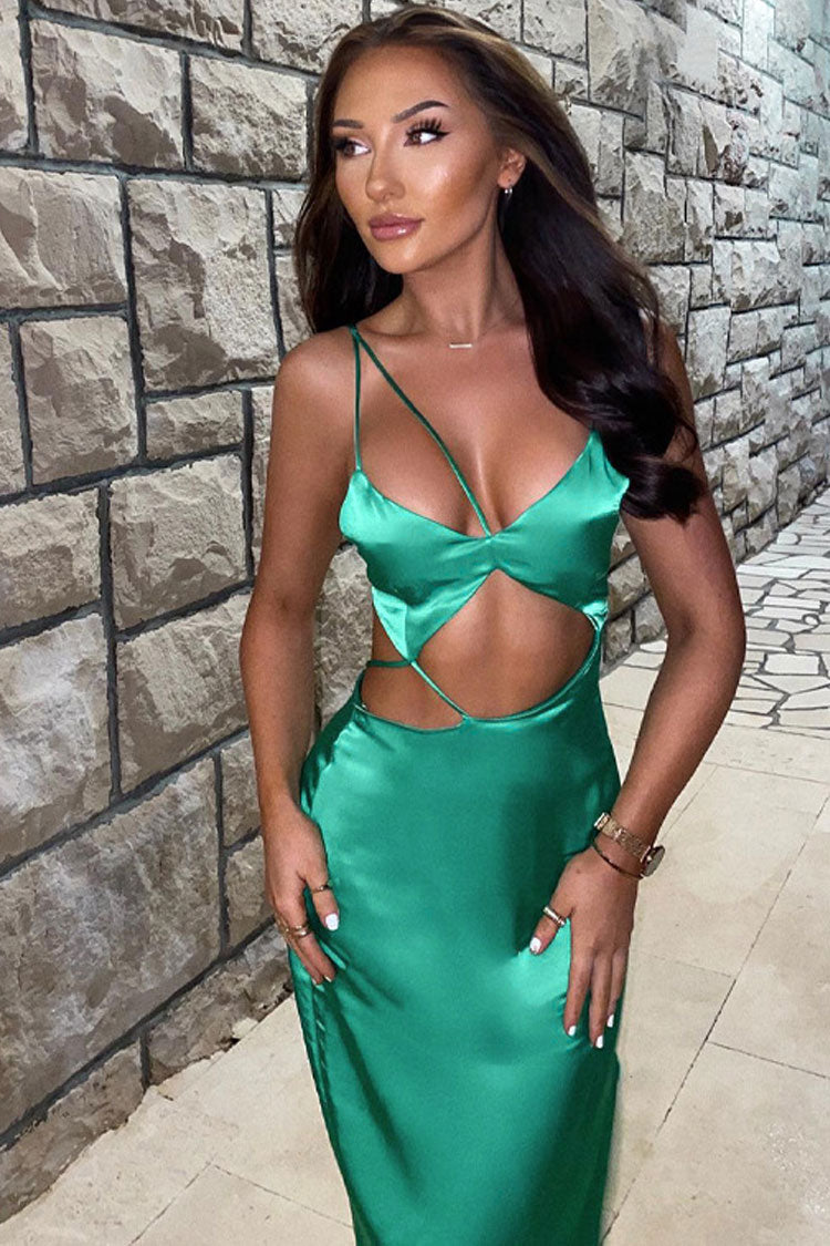 Green Spaghetti Strap Satin Cutout Slip Maxi Dress