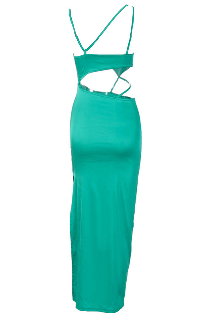 Green Spaghetti Strap Satin Cutout Slip Maxi Dress
