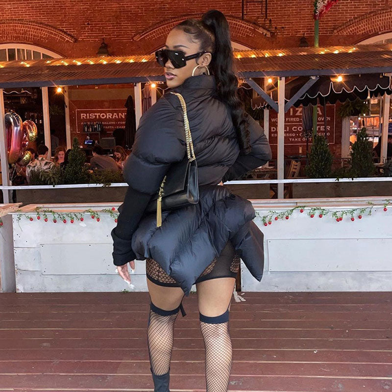 Black Shawl Collar Deep V Belted Bishop Sleeve Puffer Jacket